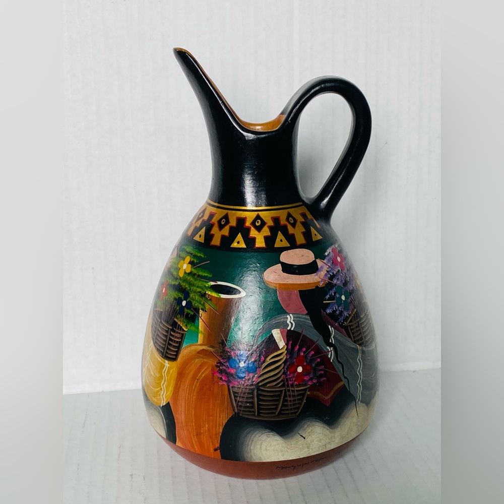 Vintage Tonala Folk Art Pottery Peru Pitcher Vase 8” Long Spout
